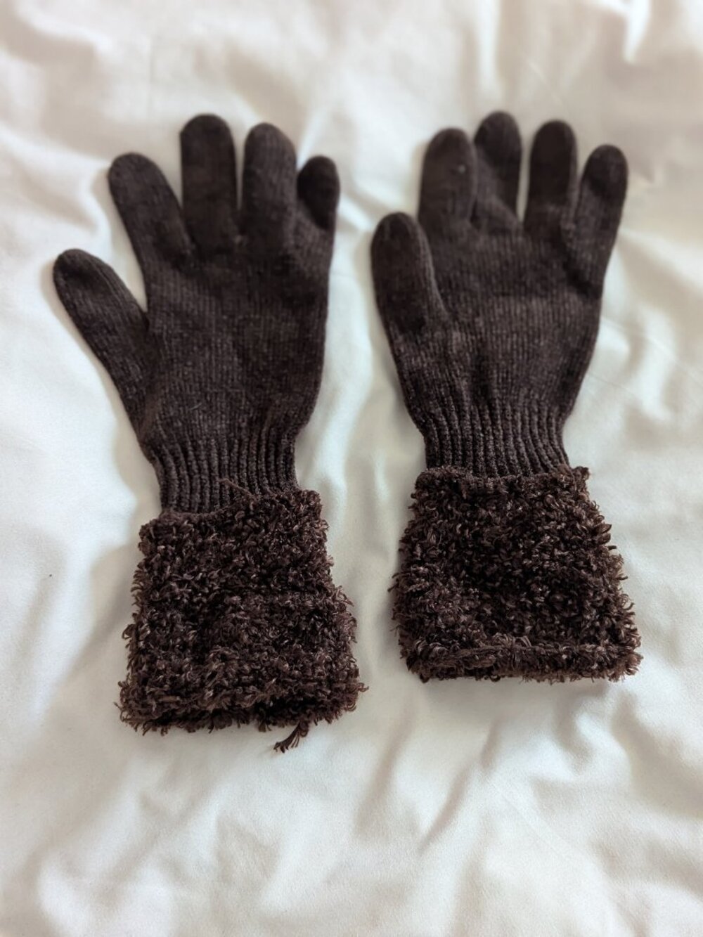 Brown Faux Fur Trim Knit Winter Gloves